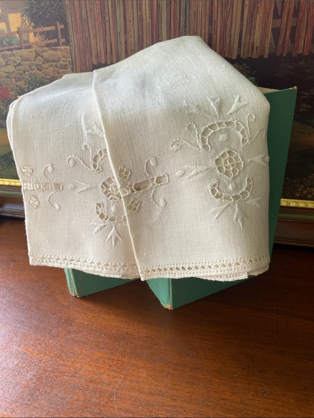 Vintage 2 Hand-Embroidered Cream Linen Napkins